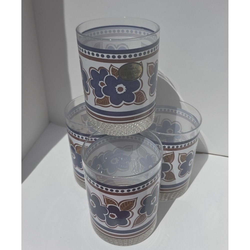 VTG Hallmark Countryside Springburst Blue Floral Lowball Glasses Set of 4 MCM